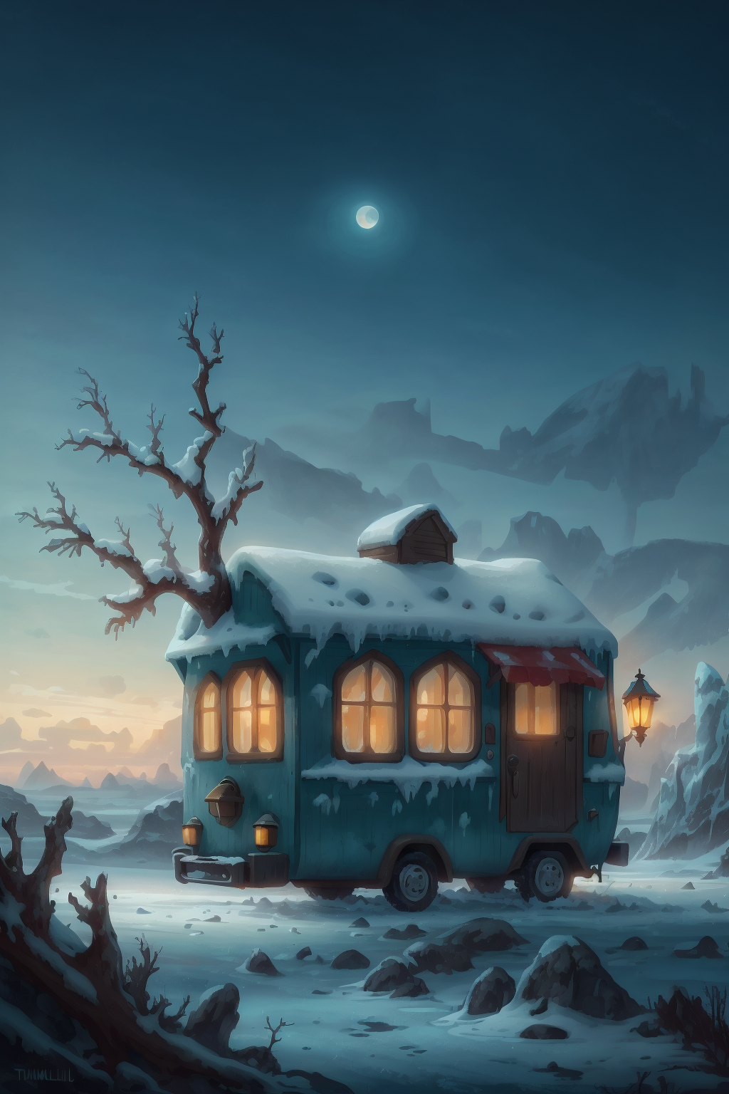 00791-2479070079-a Trailer in The Frozen Wasteland landscape at Twilight, whimsical.png